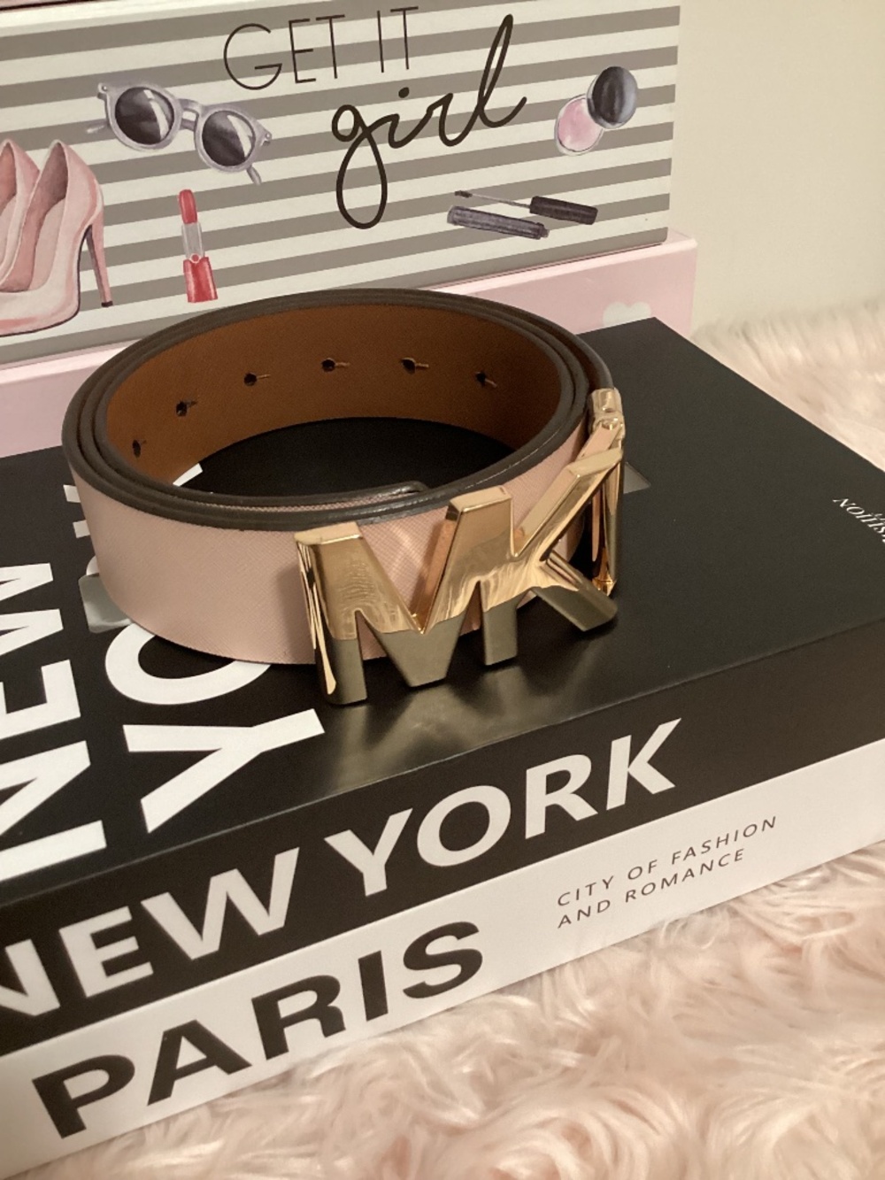 Michael Kors Reversible Leather Belt Pink/Saddle Brown Sz Large